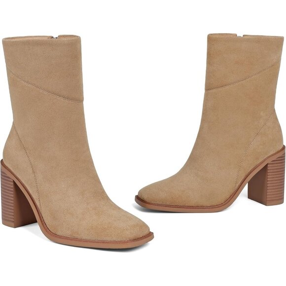 Women's Tan Ankle Boots Chunky Heel Square Toe Side Zipper Casual Booties - Picture 4 of 6